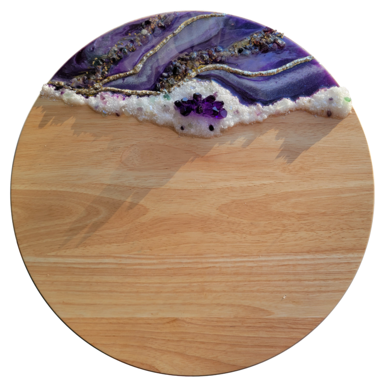 lazy susan, cheese board, wooden lazy susan, purple crystal, purple, gold, shiny, resin, geode resin design.